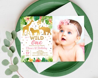 Jungle Birthday Invitation Safari Animal Party Invite Wild one First two Zoo Girl Tropical Floral Digital Printable Editable Download Bir190