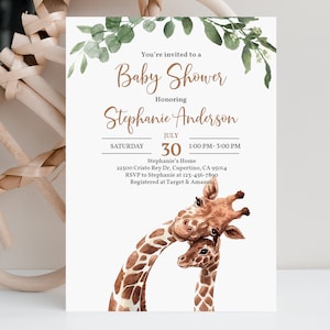 Giraffe Baby Shower Invitation Safari Animals baby shower Invite Tropical Jungle Gender neutral Greenery Editable Printable Digital Bab36