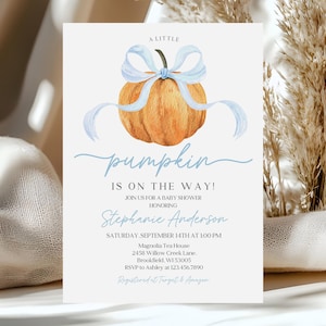 Little Pumpkin Baby Shower Invitation, Blue Bow Pumpkin Baby Shower Invite, Editable Fall Orange Pumpkin Invitation Boy Printable Bab390