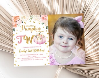 Pumpkin Birthday Invitation 2nd Birthday Pumpkin Party Invite Fall Autumn Pink Floral gold Girl Photo Editable Printable Download Bir138