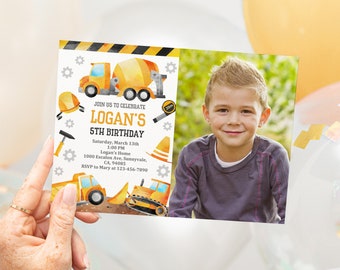 Construction Invitation Birthday Party Photo Invite Dump Truck Yellow Digger party Boy First Editable Download Printable Digital Bir208