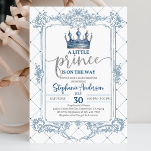 Invitación para baby shower de príncipe, invitación de príncipe real, invitación de niño azul plateado con corona, invitaciones para fiesta de príncipe, editables, imprimibles, descargas Bab218
