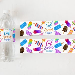 Étiquette de bouteille d'eau Popsicle Passez un été cool Fin de l'année scolaire Emballage de bouteille d'eau Ami cadeau d'école Freeze Pop Téléchargement modifiable Esl4