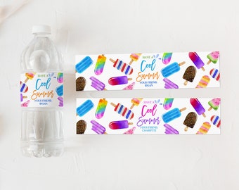 May include: Two colorful water bottle labels with a summer theme. The labels feature a watercolor design of popsicles and the text "Have a Cool Summer". The labels also include the text "Your Friend, [Name]".