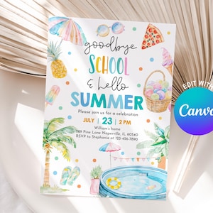 Ende der Schulparty-Einladung Hallo Sommer Schule ist, Ausladen Sun Hüpfen Wasserrutsche DIGITAL druckbar EDITIERBAR Letzter Schultag EsI1