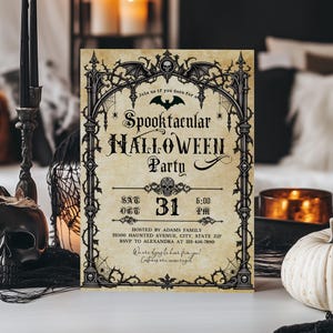 May include: A rectangular Halloween party invitation card with a vintage parchment background. The black border features gothic arches, bats, spiderwebs, and skulls. Text reads: Join us if you dare for a Spooktacular Halloween Party, Sat Oct 31 6:00 PM.
