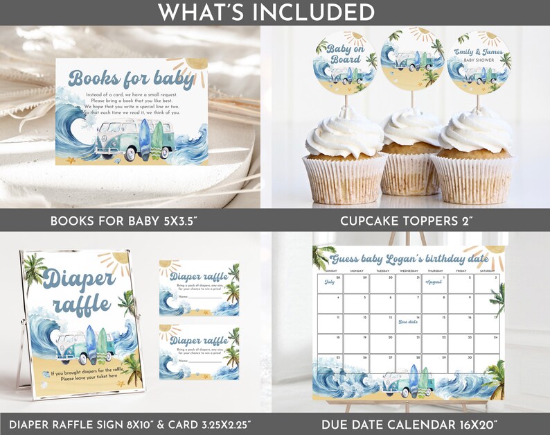 May include: A set of printable baby shower decorations with a beach theme. The set includes cupcake toppers, a diaper raffle sign, a diaper raffle card, a book request card, and a due date calendar. The decorations feature a blue and white color scheme with a vintage van, surfboards, and palm trees.