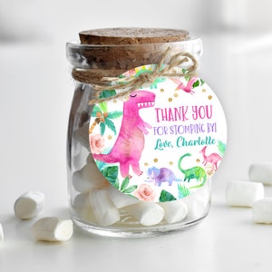 Meisje dinosaurus verjaardag bedankkaartje cadeaulabel meisje roze goud bedankt voor het stampen op tag Dino Party T-Rex bewerkbare download afdrukbare Bir248