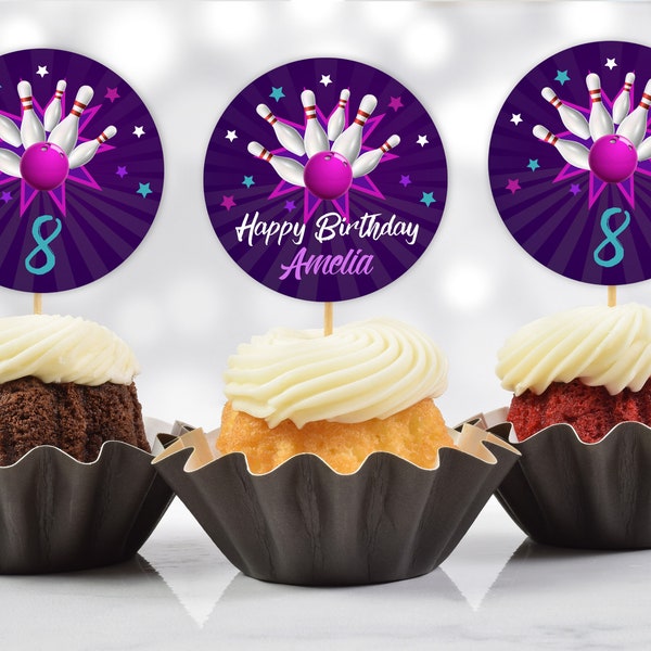 Cumpleaños de bolos Cupcake Toppers fiesta de bolos etiqueta cumpleaños decoración Favor etiqueta chica púrpura Teal bolos imprimible Editable descargar Bir123
