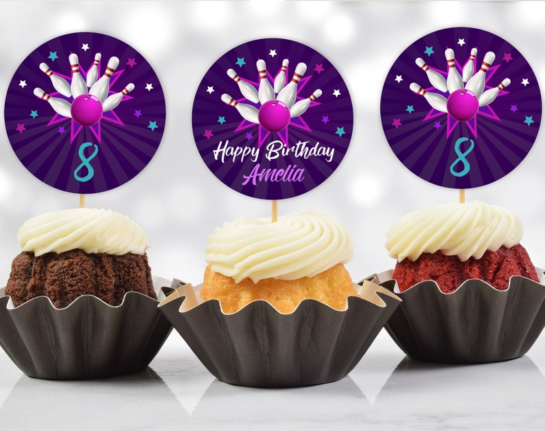 Bowling Birthday Cupcake Toppers Bowling Party label Birthday Decor Favor Tag Girl Purple Teal Bowling Printable Editable
