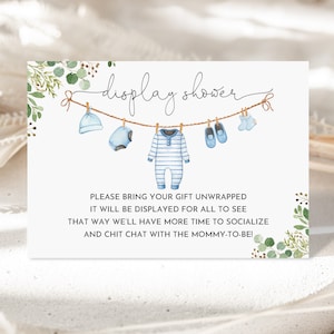 Junge Kleidung Baby-Dusche Display Card Insert Unverpackte Geschenkkarte Baby-Kleidung Wäsche blau grün bearbeitbare druckbare Download Bab214