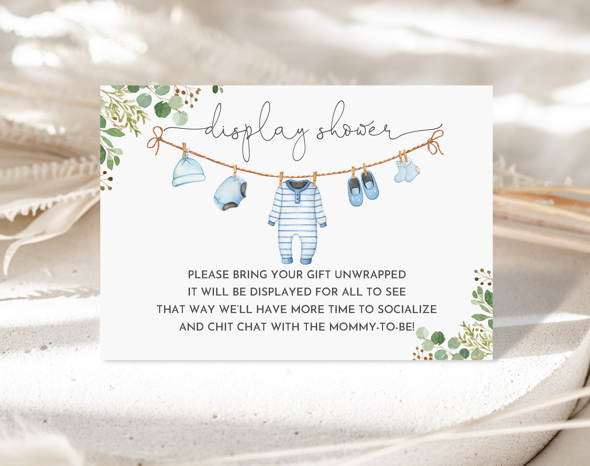 Boy Clothes baby shower Display Card Insert Unwrapped Gift Card Baby Clothes Laundry Blue Greenery Editable Printable Download Bab214