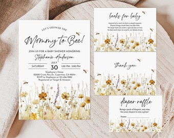 May include: A baby shower invitation featuring a watercolour floral design with yellow and white flowers, green leaves, and bees. The text reads "Let's shower the Mommy to Bee!" and includes the date, time, and location of the event. The invitation also includes a request for guests to bring a book for the baby and a diaper raffle.