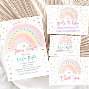 Rainbow baby shower Invitation set Pastel rainbow Invite pack Boho A little ray of sunshine Girl Gold Editable Printable Download Bab155