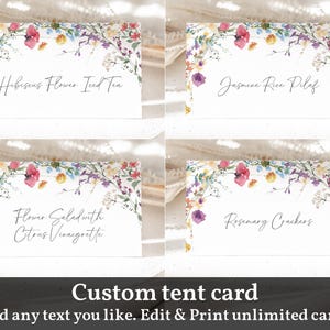 Plantilla de tarjeta de comida con flores silvestres Etiqueta de comida editable Tarjetas de carpa con flores silvestres Etiquetas de comida para baby shower Etiquetas de comida para despedida de soltera Tarjeta de lugar imprimible Bab301