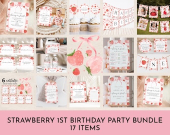 Strawberry 1st Birthday Invitation Bundle - Editable Printable Decor Bir429