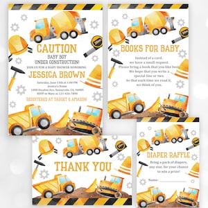 Bau Baby-Dusche-Einladung Set Baby im Bau Junge Kipper Bulldozer Bücher für baby Bearbeitbare Druckbare Download Bab84