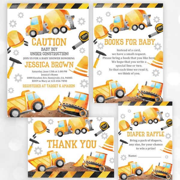 Construction Baby shower Invitation Set Baby Under Construction Boy Dump truck Bulldozer Books for baby Editable Printable Download Bab84