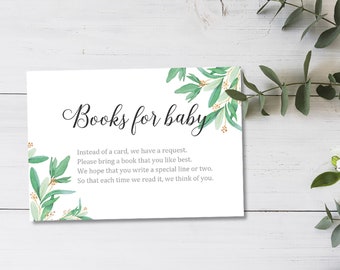 Może przedstawiać: Biała kartka z zielonymi i złotymi liśćmi i tekstem "Books for baby". Na kartce napisano: "Zamiast kartki, mamy prośbę. Proszę przynieść książkę, którą lubisz. Mamy nadzieję, że napiszesz specjalną linijkę lub dwie. Aby za każdym razem, gdy ją czytamy, myśleć o Tobie."
