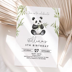 May include: A white invitation with green bamboo and a black and white panda bear illustration. The text reads "Join us to celebrate William's 3rd Birthday, Saturday, September 27, 1:00 PM - 3:00 PM, William's Home, 5678 Forest Grove Road Sunnyvale, TX 75001, RSVP to Stephanie at 123-456-7890."