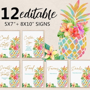Bearbeitbare Ananas Luau-Tischschilder - Tropisches Geburtstagsfeierdekor