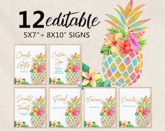 Editable Pineapple Luau Table Signs - Tropical Birthday Party Decor
