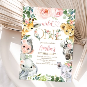 Safari Birthday Invitation Wild One 1st Birthday Invite Pink Floral Jungle Animals Gold Girl 1st Editable Printable template Download Bir12