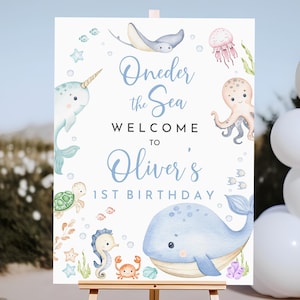Letrero de bienvenida imprimible bajo el mar, letrero de bienvenida para primer cumpleaños, letrero de animales del océano editable, letrero de cumpleaños para niño imprimible Bir462