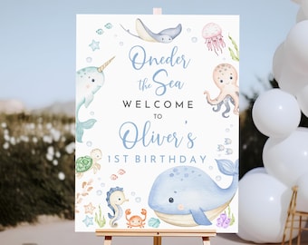 1st Birthday Welcome Sign: Under the Sea Theme - Ocean Animals Printable Bir462