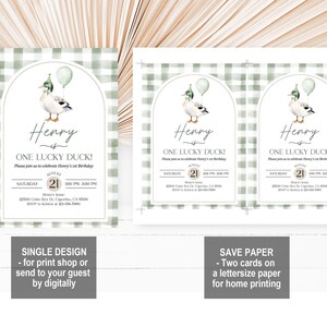 One Lucky Duck Birthday Invitation: Watercolor Mallard, Greenery Bir511 image 5