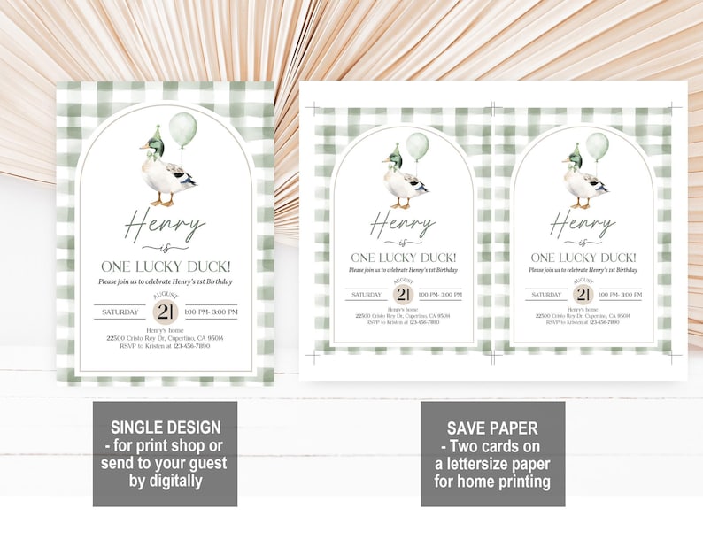 One Lucky Duck Birthday Invitation: Watercolor Mallard, Greenery Bir511 image 5