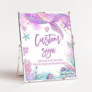 EDITABLE Mermaid Custom Sign Sea Birthday Party Table Sign Purple Pink Gold Mermaid Baby shower Digital Printable Download Bir321