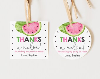 Peut inclure: Deux étiquettes de remerciement sur le thème de la pastèque. L'une est une étiquette carrée avec une illustration de pastèque aquarelle et le texte "THANKS a melon! for making my party so sweet Love, Sophia". L'autre est une étiquette ronde avec la même illustration de pastèque et le même texte.