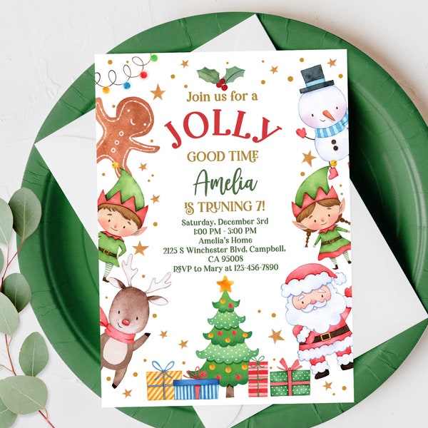 Christmas Birthday Party Invitation Jolly good time Invite Santa Claus Xmas Deer Christmas Tree Gift Editable Printable Download Chbir1