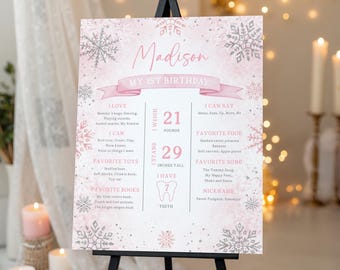 Winter Onederland First Birthday Milestone Board: Pink Snowflake Girl Sign Bir598