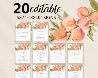 May include: Twenty editable signs, 5x7" and 8x10", with peach watercolor illustrations. Each sign has a different message, including "Favors," "Cards & Gifts," and "Drinks." The signs are designed for a baby shower or similar event.