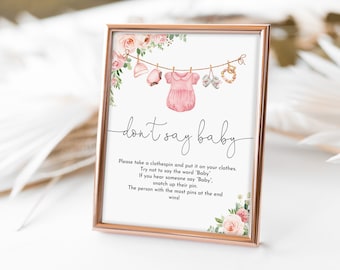 Baby Shower Game: Don't Say Baby Clothespin - Pink Floral Printable Bab215