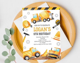 Construction Invitation Birthday Party Invite Dump Truck Yellow Digger Under Traffic Signal Editable Download Printable Digital Bir208