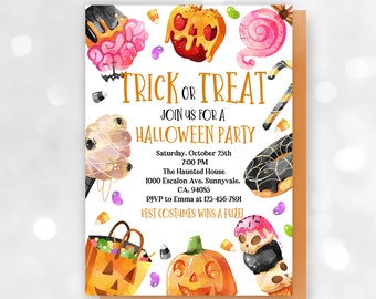 May include: Halloween party invitation with a white background and colorful illustrations of candy, pumpkins, and other Halloween-themed items. The text reads "Trick or Treat Join us for a Halloween Party" with details about the party, including the date, time, location, and RSVP information. The text "Best Costumes Wins a Prize!" is also included.