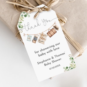 Etiquetas de agradecimiento para viajes y aventuras Etiquetas de regalo para baby shower Etiquetas editables para viajes y lavandería Mapa del mundo Maleta Cámara Vegetación Neutral Imprimible Bab268