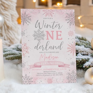 Winter Onederland Invitation: Pink Silver Snowflakes, Editable Birthday Bir598