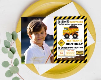 May include: A yellow and black construction themed birthday invitation with a photo of a boy. The invitation says "Dump Everything and Join the Crew for Loads of Fun!" and "Nathan's 4th Birthday is Under Construction". The invitation includes the date, time, and location of the party.