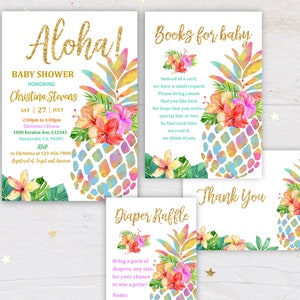 Pineapple Baby Shower Invitation Set Tropical Shower Invite Hawaiian Luau Baby Rainbow Neutral Summer Editable Download Printable Bab38 image 1