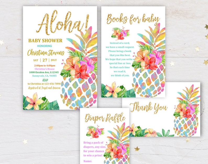 Pineapple Baby Shower Invitation Set Tropical Shower Invite Hawaiian Luau Baby Rainbow Neutral Summer Editable Download Printable Bab38 image 1