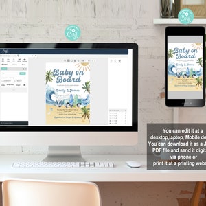 May include: A digital invitation for a baby shower with a blue and white beach theme. The invitation features a cartoon van with surfboards on the side, palm trees, and the text "Baby on Board" with the names "Emily & James".