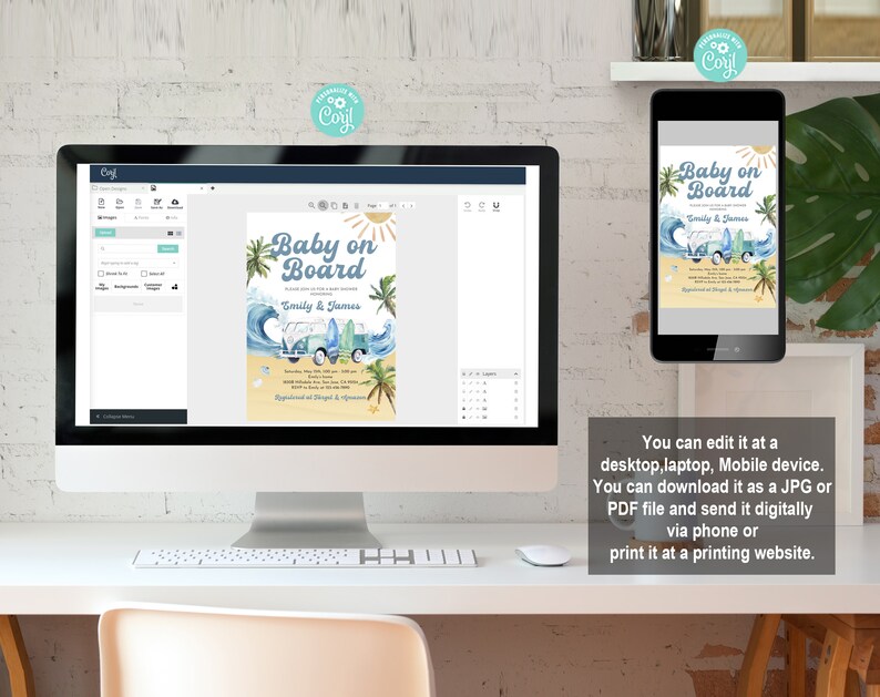 May include: A digital invitation for a baby shower with a blue and white beach theme. The invitation features a cartoon van with surfboards on the side, palm trees, and the text "Baby on Board" with the names "Emily & James".