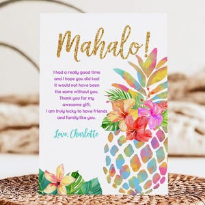 Pineapple Thank You Card Editable Mahalo Thank You Card Printable Luau Party Hawaiian Birthday Tropical Thank You Card Aloha Bir130 Bir490