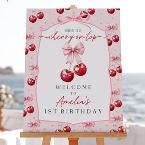 Cherry First Birthday Welcome Sign: Pink Bow, Editable (Digital Download)