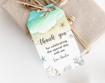 Beach Favor Tag Editable Boho Tropical Beach Party Favor Tag 1st Birthday Ocean Thank You Tag Template Seashell Gift Tag Printable Bir362