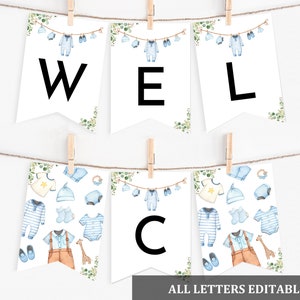 Boy baby clothes baby shower banner Laundry Garland Boy baby shower decoration Blue Greenery Boho Digital Editable Printable Download Bab214